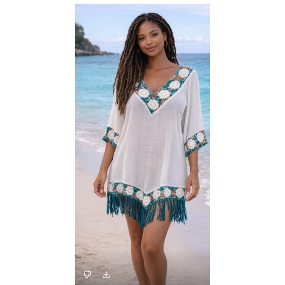 Hand-Crocheted Bikini Cover-Up – White with Rainbow Jamaican Yarn (Size Small)